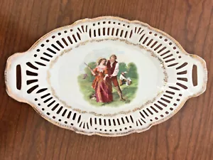 German RETICULATED PORCELAIN Oval Plate Over 100 years old #190 White Gold Paint - Picture 1 of 11