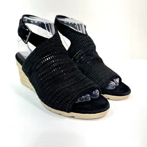 Eileen Fisher Aura Espadrille Wedge Suede Mesh Sandals Black Buckle Size 7M - Picture 1 of 12