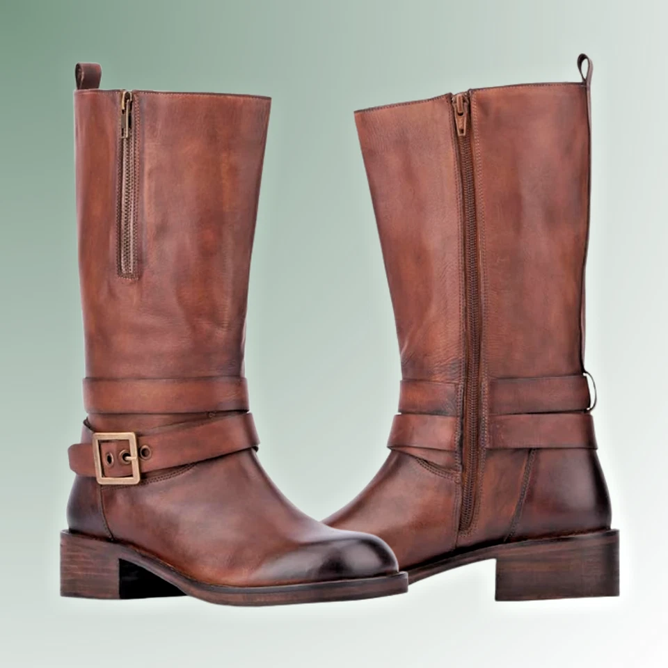 Botas de cuero vintage marrón hechas a mano, botas de montar clásicas con correa con hebilla, media pantorrilla Foto 1 de 4