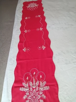 Vintage Bucilla Cross Stitch Red Christmas Candles Table Runner White Gold - Image 1 of 4