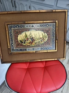 Antique Persian Hand Painting On Bone Khatam Micro Mosaic Hunt Scene Horses - Picture 1 of 14