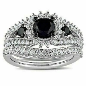 2.75Ctw Round Cut Black & White Diamond Bridal Ring Set 14K White Gold Finish - Picture 1 of 7