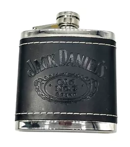 Jack Daniels geprägtes schwarzes Leder umwickelt Edelstahl 5 Oz Flachmann - Bild 1 von 4