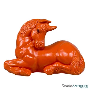 Vintage Hollywood Regency Large Orange Plaster Unicorn Sculpture - Picture 1 of 10