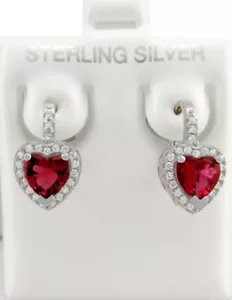 LAB CREATED RUBY & WHITE SAPPHIRES HEART DANGLE EARRINGS .925 Silver - NWT - Picture 1 of 7
