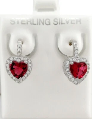LAB CREATED RUBY & WHITE SAPPHIRES HEART DANGLE EARRINGS .925 Silver - NWT - Image 1 of 4