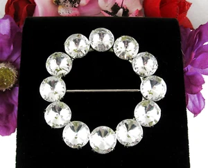 HUGE VINTAGE Plastic Rivoli RHINESTONE BELT BUCKLE Silvertone Metal 3 1/2" Round - Picture 1 of 12