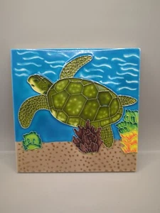 Sea Turtle Coral Hand Painted Decor Glazed Tile 8X8" Wall Or Table - Picture 1 of 9