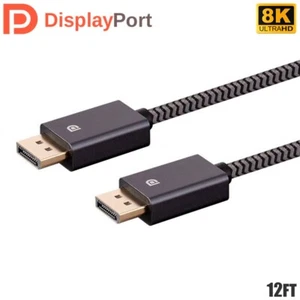 12FT DisplayPort DP 1.4 8K 4K 32.4Gbps Easy Plug & Play Cable Nylon Braided Gray - Picture 1 of 4