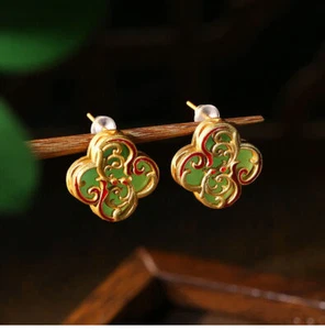 Green Real Jade Flower Earrings Women Natural Jewelry 18K Gold Plated Ear Studs - Picture 1 of 5