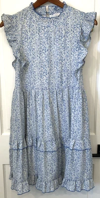 Jodifl Prairie 波西米亚褶皱分层迷你连衣裙 M 流动抽象蓝色模拟领 — 第 1/4 张图片