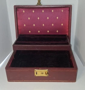 Vintage Tory Burgundy Velvet Lined Jewelry Box Gold Accents Two Tiers SEE - Picture 1 of 10