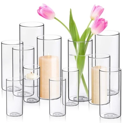 Cylinder Flower Vases 12PCS 10" 7.8" 6" Hurricane Candle Holders Pillar Votiv... - Image 1 of 4