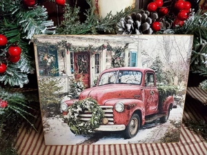 OLD PRIMITIVE  VINTAGE RETRO FARM BARN STYLE CHRISTMAS TREE DECORATED TRUCK SIGN - Picture 1 of 11