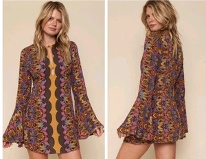 FREE PEOPLE Sz 6 Gold/Brown OSSIE VIBES Bell Sleeve Tunic Mini Dress NWT $128 - Picture 1 of 10