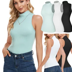 Womens Sleeveless Slim Fit Turtleneck Mock Shirt Tank Tops Basic Stretch Knitted - Picture 1 of 30