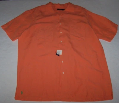 全新带标签 Polo Ralph Lauren 浅橙色丝绸/亚麻衬衫男式 XLT 绿色小马夏普 — 第 1/4 张图片