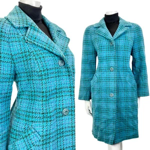 VINTAGE 60s 70s TEAL BLUE PURPLE GREEN PLAID CHECKED MOD WOOL COAT 14 - Picture 1 of 7