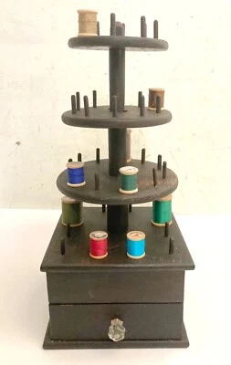 Antique Sewing Caddy Wood Three Tier Spool Holder - Image 1 of 4