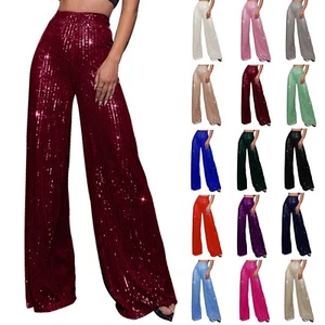 Sequin Glitter Trousers Ladies High Elastic Waist Straight Party Wide Leg Pants - Picture 1 of 69