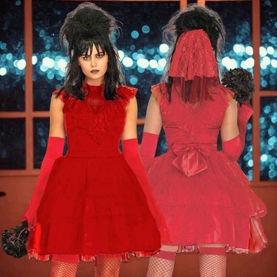 Beetle Bride Costume Womens Size L Red Wedding Dress and Veil - Image 1 of 4