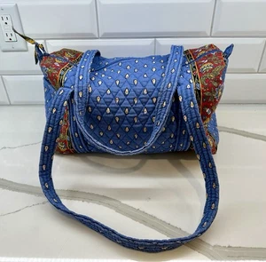 Vtg Vera Bradley French Blue Pasiley Quilted Duffle Bag Zipper Large - Picture 1 of 16