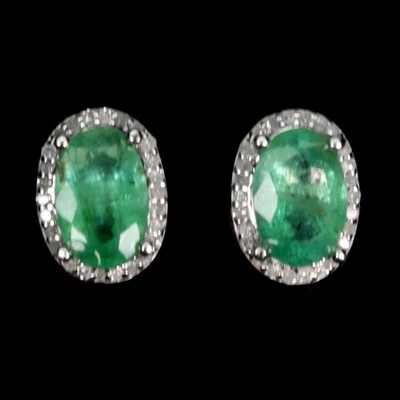 Black Friday 925 Sterling Silver Earrings Oval Emerald 6x4mm Diamond 64p Jewelry - Image 1 of 4