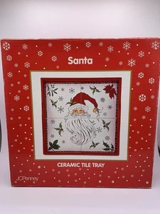 Vintage JC Penney Santa Ceramic Tile & Wood Serving Tray With Handles Christmas - Picture 1 of 6