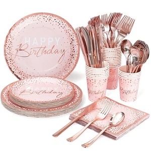 175PCS Happy Birthday Plates and Napkins Party Supplies, Paper Pink and Rose ... - Picture 1 of 7