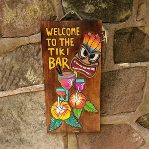 Holz Bar Schild Willkommen in der Tiki Bar Plakette Garten Bar Mann Höhle handbemalt - Bild 1 von 4