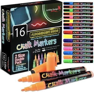 16 UV Fluorescent Neon Chalk Markers - Double Pack of Both Fine & Reversible ... - Picture 1 of 9