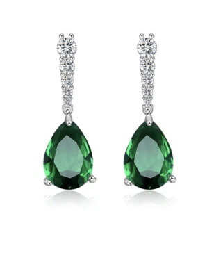 White gold finish Green Emerald And Created diamond Pear cut Droplet earrings - Image 1 of 4