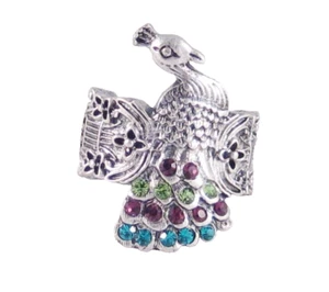 Anillo elástico pavo real en tono plateado con coloridos cristales genuinos #R1069 - Imagen 1 de 2