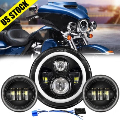 Faro LED halo de 7 pulgadas DRL + Kit combinado de luces antiniebla de 4,5" para motocicleta Harley Foto 1 de 4
