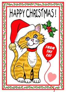 TARJETA NAVIDAD JENGIBRE GATO CALIDAD DIBUJOS ANIMADOS BRILLANTE DEL GATO 8"x 6" PUBLICACIÓN GRATUITA - Imagen 1 de 2