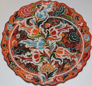 Orange & Brown 12" Turkish Iznik Raised Tulip Pattern Hand-made Ceramic Plate - Picture 1 of 3