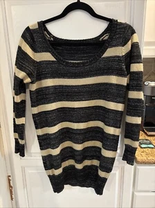 Metaphor Sweater Large Shimmery Tan And Black Stripes - Picture 1 of 4