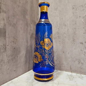 Vintage Bohemia Cobalt Blue Czech Glass Vase, Gold Floral Design 32cm Tall - Picture 1 of 14