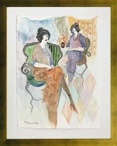 ITZCHAK TARKAY "TEA FOR TWO" | ORIGINAL WATERCOLOR | FRAMED | MAKE AN OFFER - Picture 1 of 2