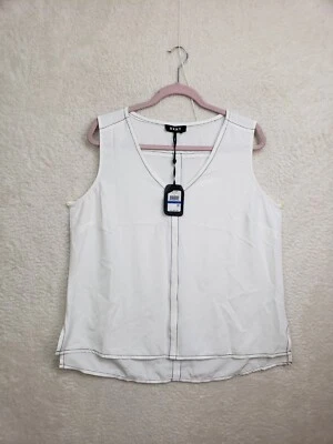 DKNY Women Top Extra Large White Chiffon Sleeveless V Neck Tank Blouse - Image 1 of 4