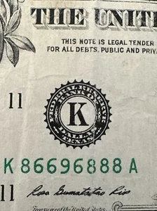 TRINARY, FLIPPER & TRIPLE 8 in $1 Dollar Bill, UNIQUE SERIAL NUMBER K 86696888 A - Picture 1 of 10