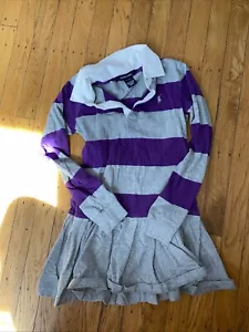 Polo Ralph Lauren Rugby Shirt Dress Girls Grey Purple Stripe Long Sleeve M 8/10 - Picture 1 of 6