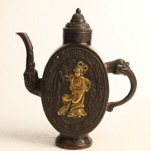 Chinese Antique Bronze Gilding Hand Carved Beauty Teapot QianLong Mark 