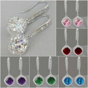 Fashion Silver Plated Drop Earrings 6 Colours Cubic Zircon Women Jewellery Gift - Picture 1 of 11