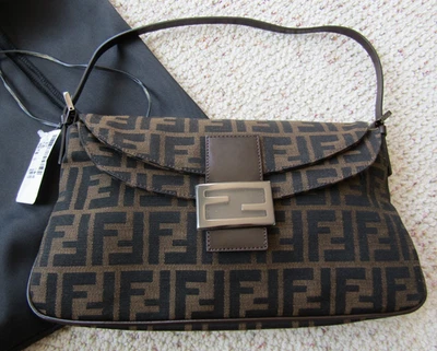 DE COLECCIÓN RARO FENDI ZUCCA Baguette Lona Marrón con Borde de Cuero Nuevo con Etiquetas comprado en 2003 Foto 1 de 4