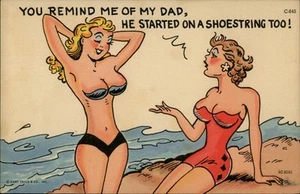 Women Swimsuit Remind Me of My Dad Started on Shoestring Comic Pinup Postcard - Picture 1 of 2