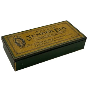 Scatola numerica vintage Iroquois Publishing Co 6" x 3" latta Siracusa, New York - Foto 1 di 6