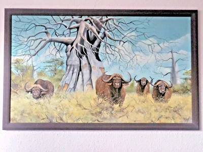 Ölgemälde Landschaft Natur Büffel Savanne Baobab  Kaffernbüffel, 90 x 60cm - Bild 1 von 4