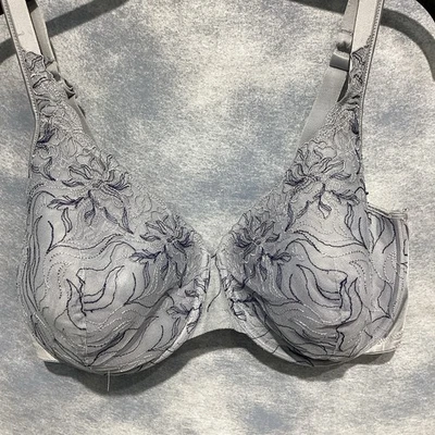 Playtex Bra Size 42DD Gray w/ Blue Floral Underwire Molded Cup - Image 1 of 4