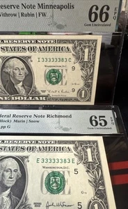 😳 $1 FRN Matching Pair Near Solid Seven Of A Kind Serial Numbers # 33333383 - Picture 1 of 9